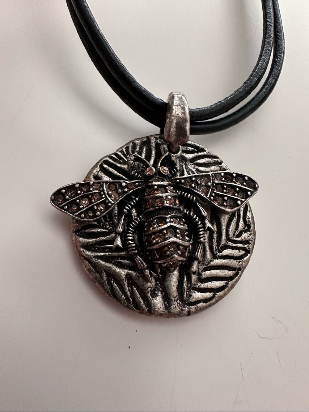 Chico's Retired Bee Medallion Necklace, Rhinestone Bumblebee Pendant, Black Cord